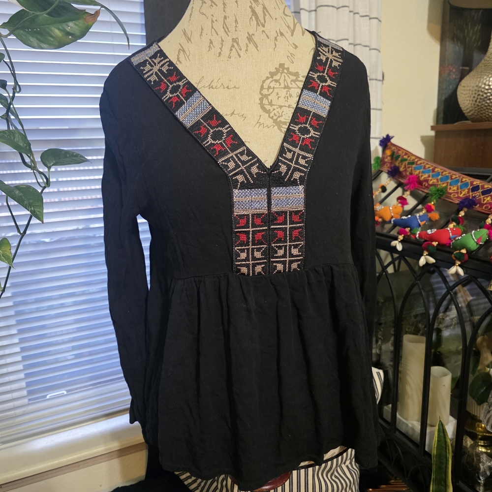 Blue Rain Black Top with Colorful Embroidery Peplum